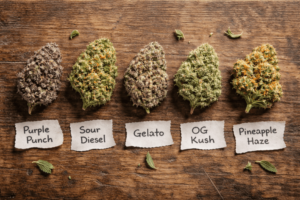 Five different THCA flower strains arranged in a natural flat lay on a wooden surface with handwritten strain name tags