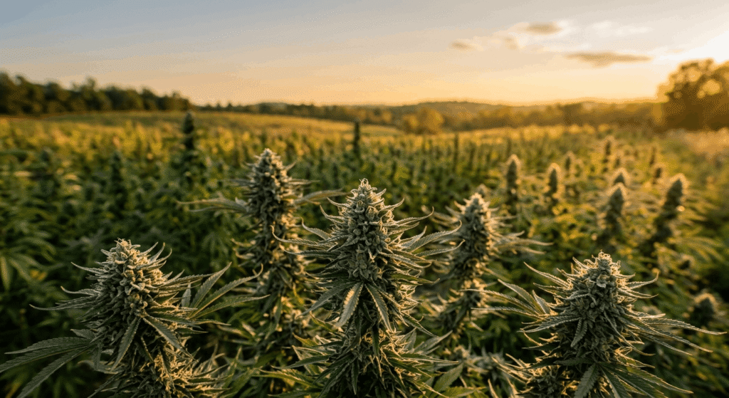 Naturally grown THCa hemp flowers in full bloom at golden hour, with dense resin-covered buds, amber pistils, and warm sunlight across an open hemp field