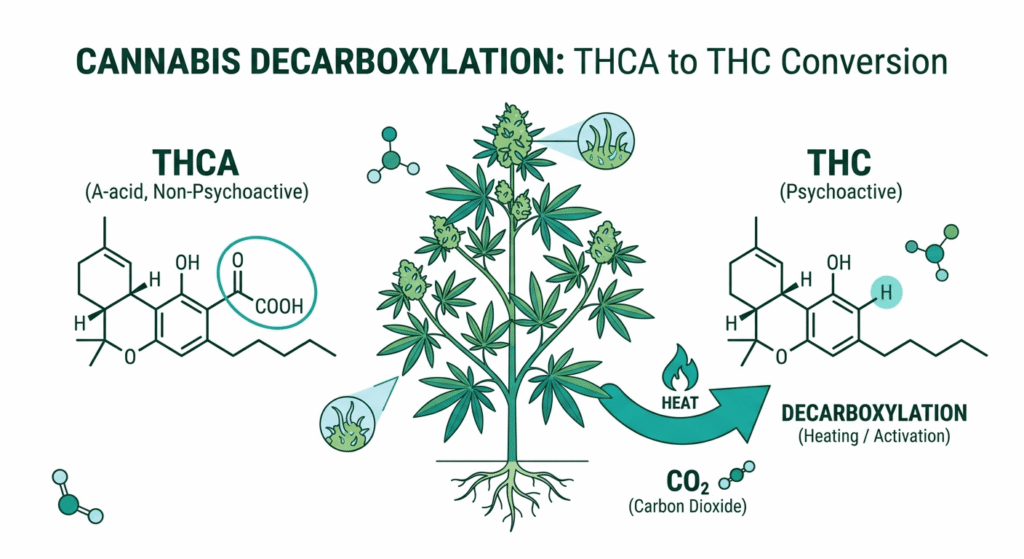 Diagram showing THCA molecule converting to THC through heat decarboxylation in a hemp plant