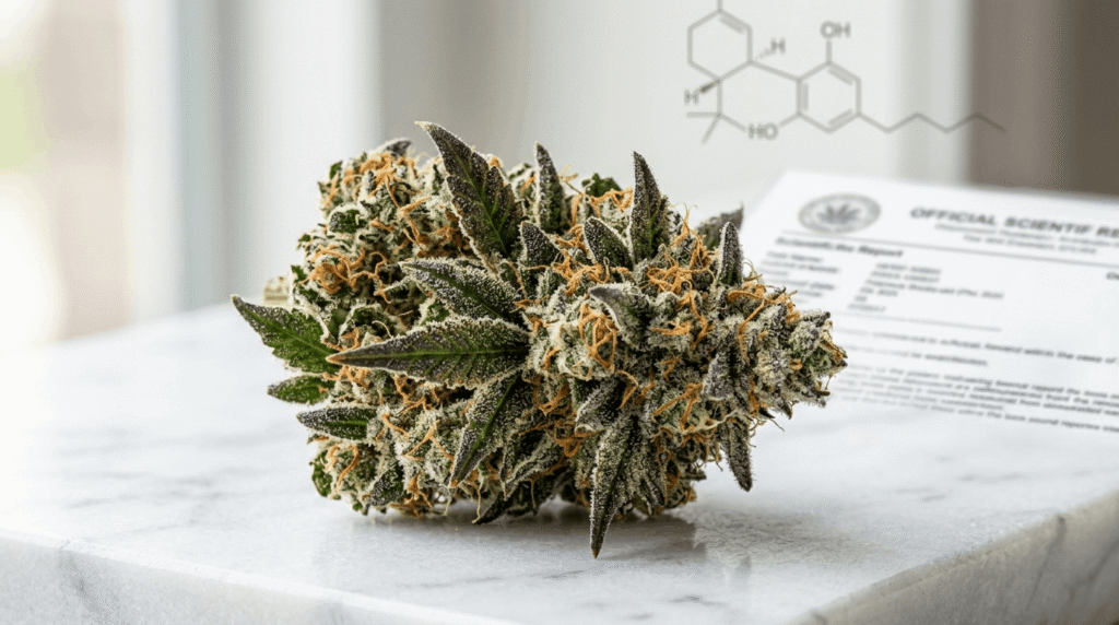 High THCa hemp flower bud with visible trichomes and orange pistils on white marble surface