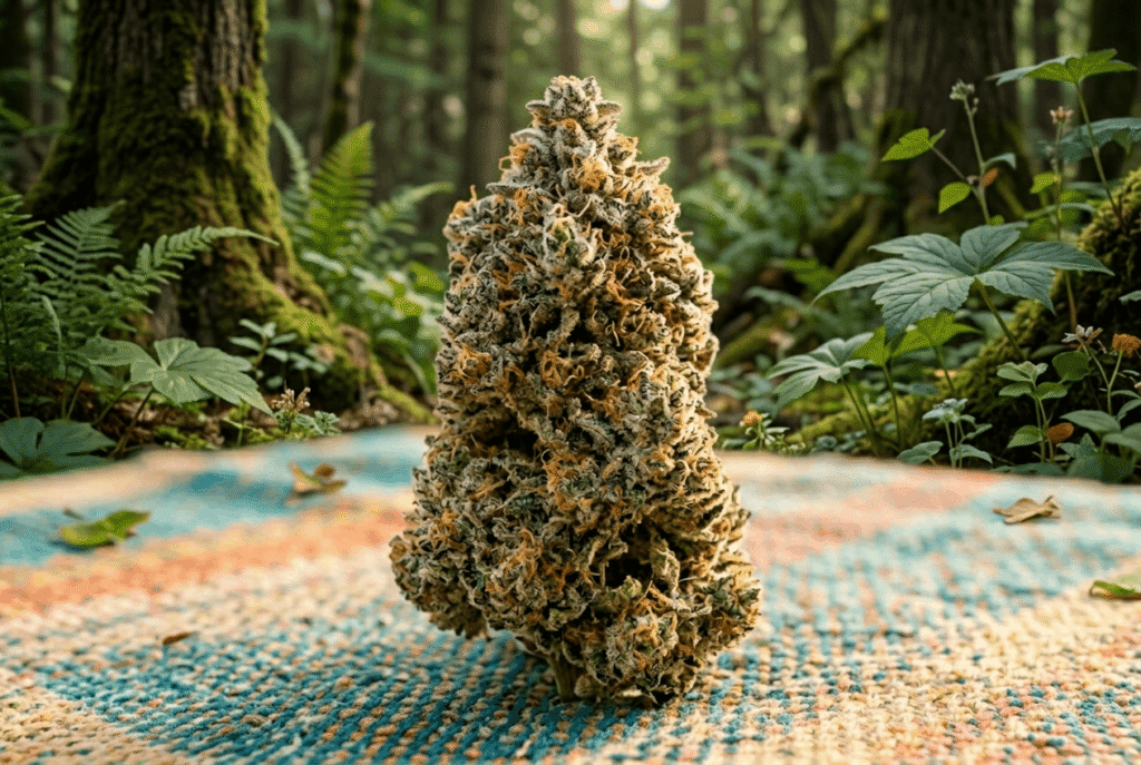 Single large premium THCa top cola with thick trichome frost and orange pistils on colorful outdoor fabric with green foliage bokeh background