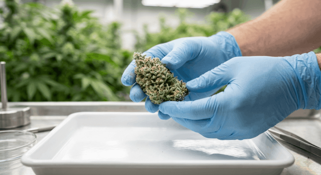 Lab technician inspecting raw THCA hemp flower bud for quality and trichome density