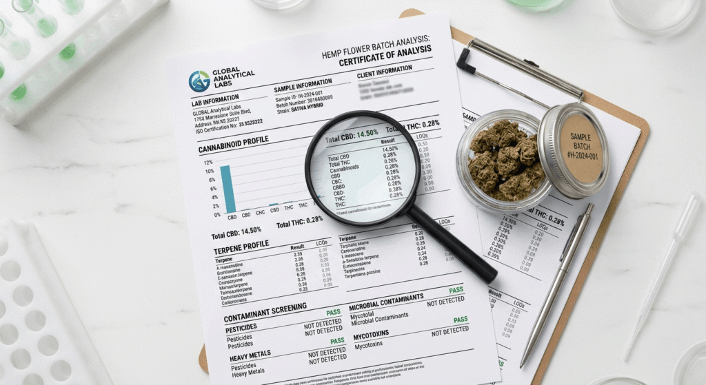 Certificate of Analysis lab report next to a jar of THCa small buds for potency verification