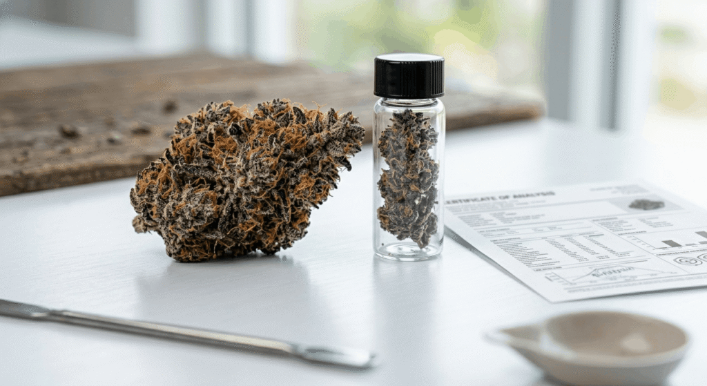 A Certificate of Analysis document beside a glass vial of cannabis material on a laboratory bench