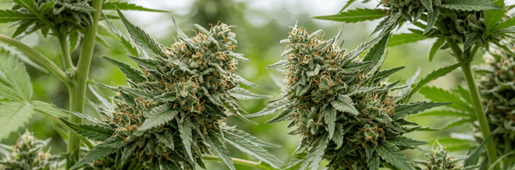 Live THCa hemp flower buds covered in white trichomes and orange pistils photographed outdoors in a natural grow