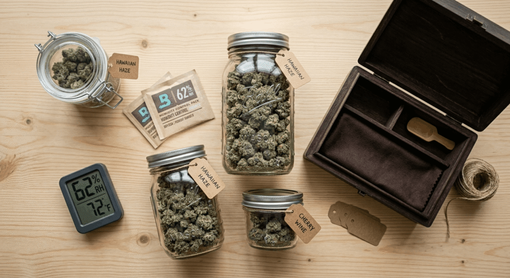 Airtight glass jars and humidity packs used for proper THCa smalls storage