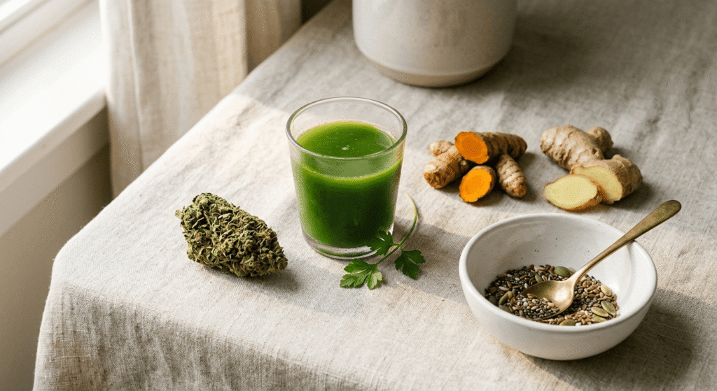 THCA hemp flower displayed with wellness ingredients showing anti-inflammatory and health benefits