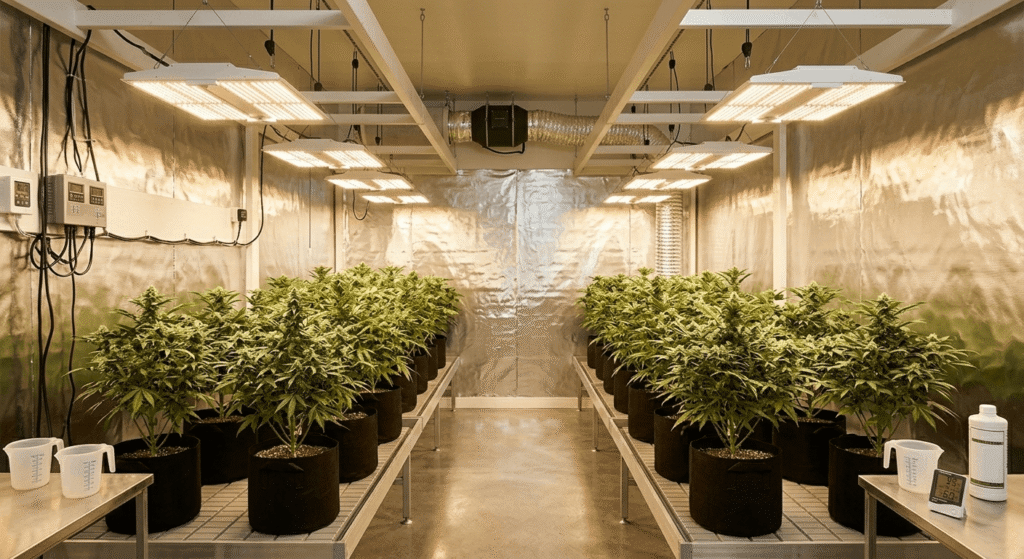 Rows of healthy cannabis plants growing under LED lights in a clean indoor cultivation facility