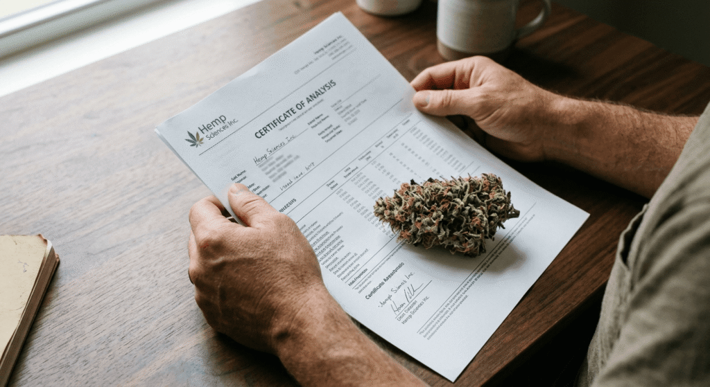 Close-up of hands holding a THCa flower lab COA document with a trichome-covered hemp bud beside it