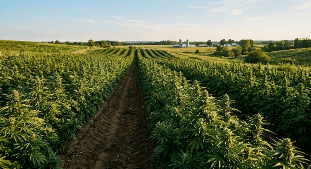 An organic hemp farm at golden hour with lush THCa hemp plants in rows and a farmer inspecting buds in natural sunlight