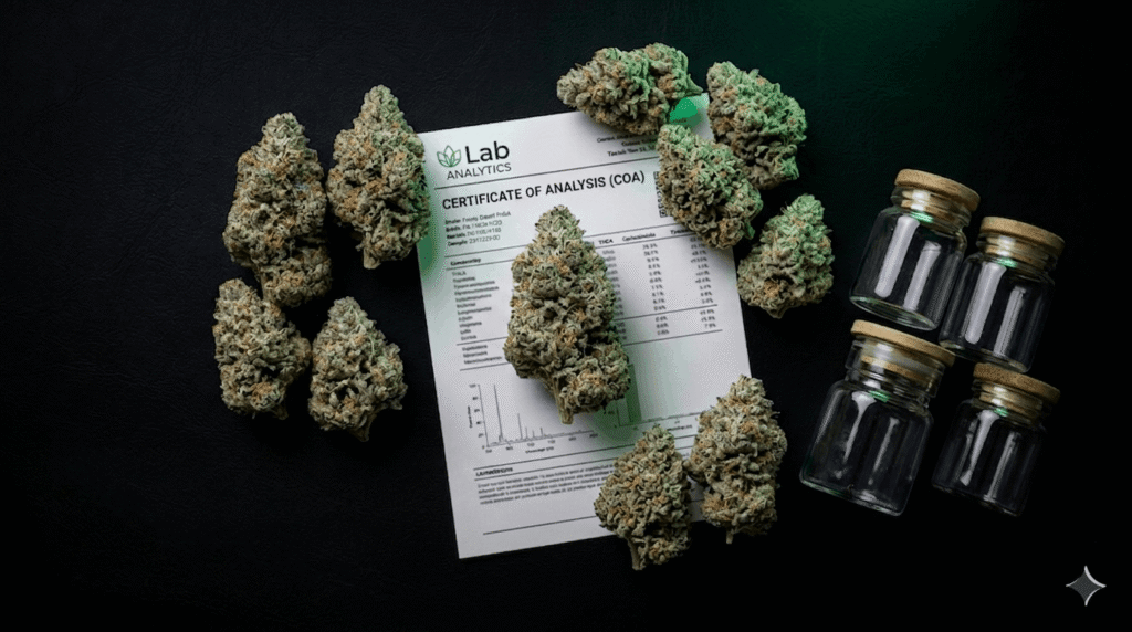 Premium lab-tested THCA flower wholesale bulk buds with COA documents on dark background
