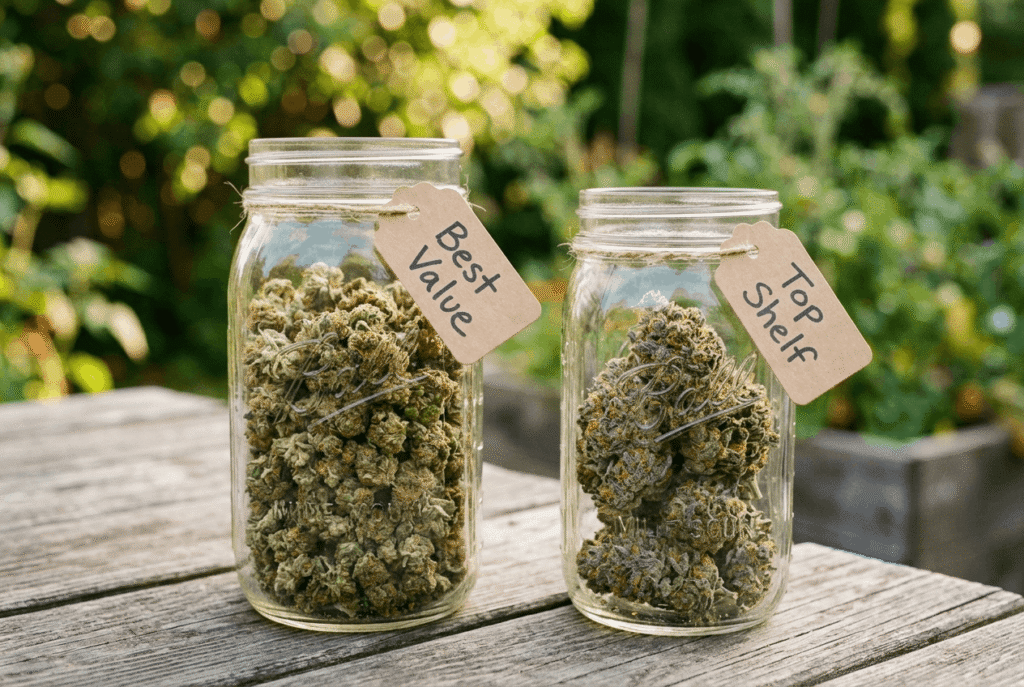 Two outdoor piles of cannabis buds on colorful fabric with handwritten Best Value tag on smalls pile and Top Shelf tag on premium tops pile showing price difference