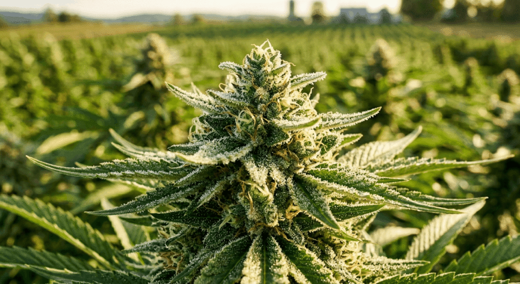 Close-up macro shot of fresh hemp plant trichomes glistening under natural sunlight