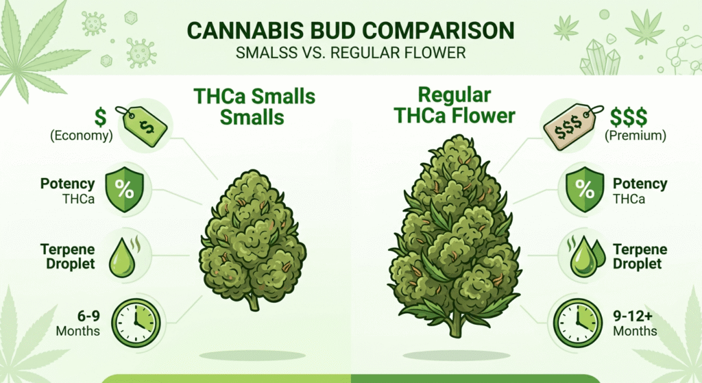 Infographic comparing THCa smalls and regular THCa flower by price, potency, and terpene content