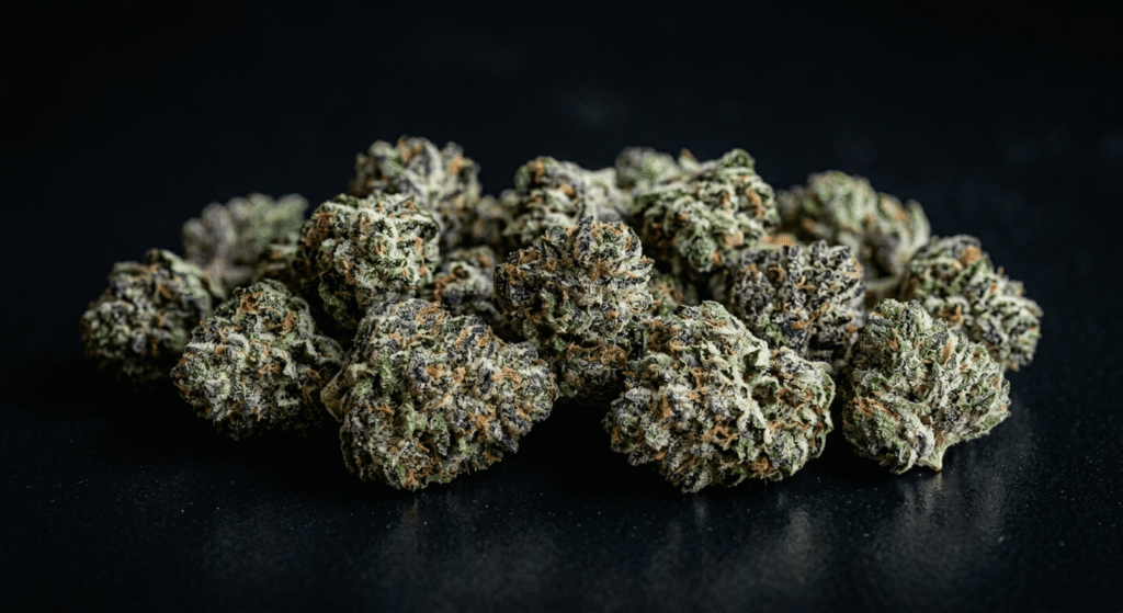 Dense THCa small buds with frosty trichomes on a dark surface — Co.Exotics wholesale hemp flower
