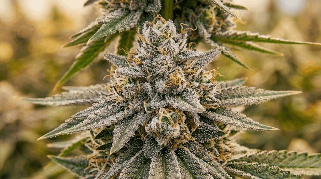 Live THCA cannabis flower bud covered in dense white trichomes and deep purple sugar leaves with amber pistils under natural warm light