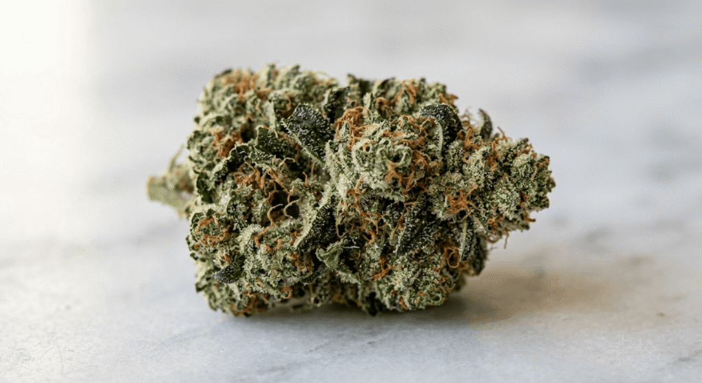 Close-up of raw cannabis flower with visible trichomes containing THCA before decarboxylation