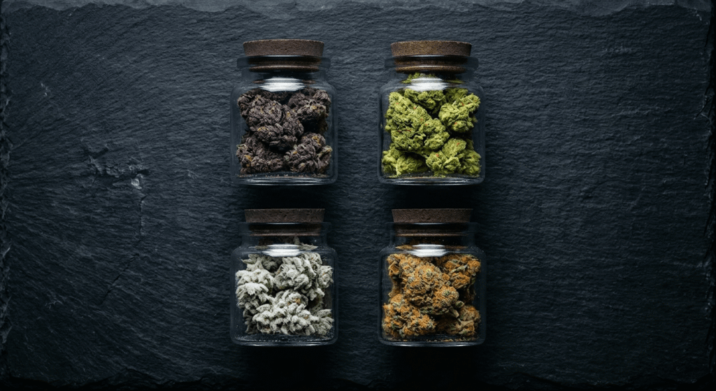 Variety of THCA hemp flower strains in glass jars showing diverse indica, sativa, and hybrid options for wholesale