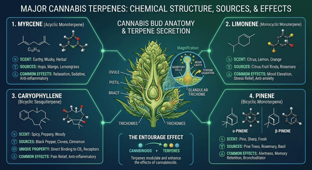 Terpene profile chart of premium THCA hemp flower including myrcene limonene and caryophyllene