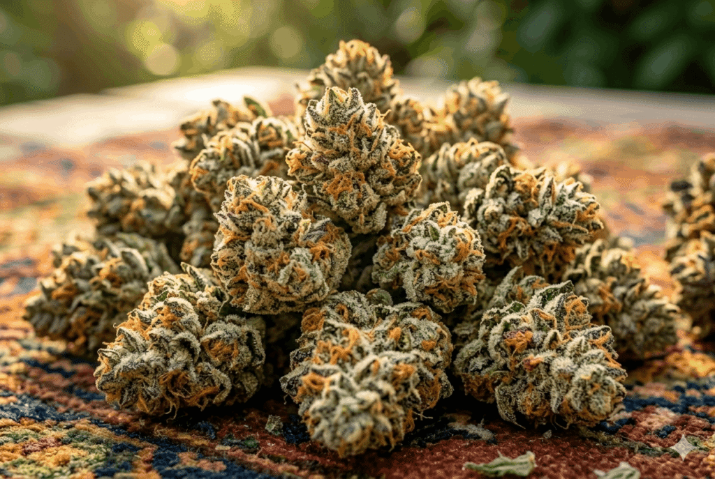 Extreme close-up of dense compact THCa small buds with white trichome frost and orange pistils on colorful outdoor fabric