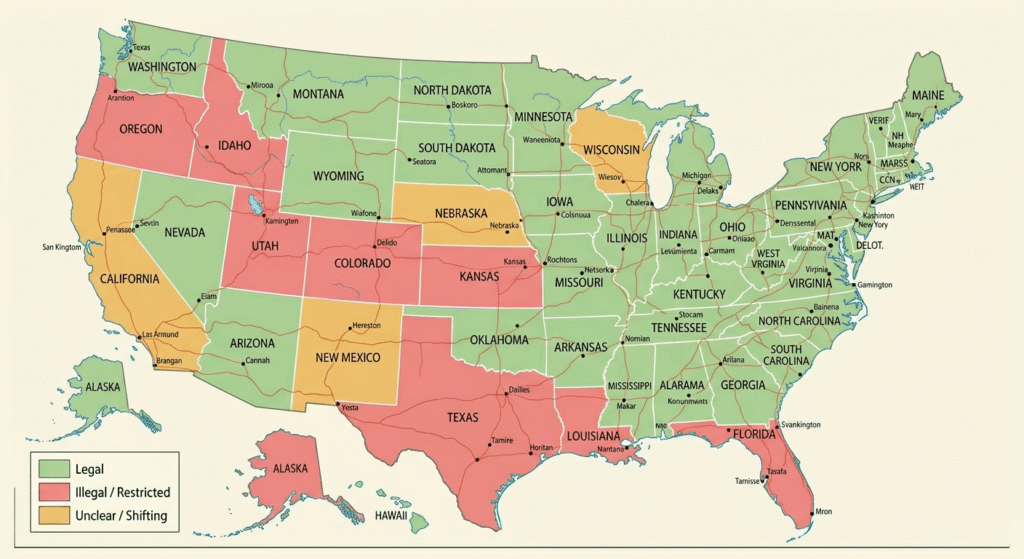 Political United States map showing THCa hemp flower legal status by state — green for legal states, red for banned or restricted states, and amber for states with unclear or shifting regulations, with a legend in the bottom left corner