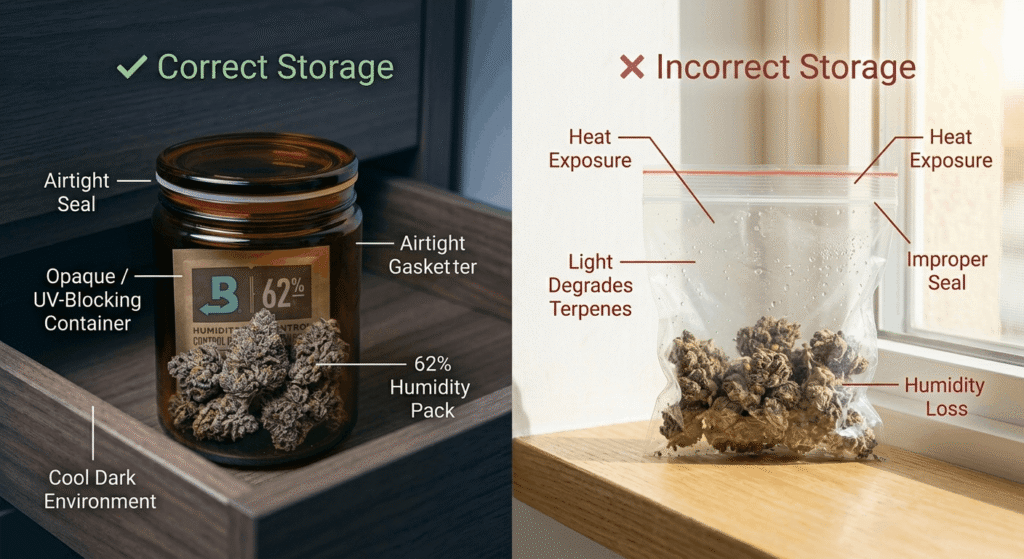 Informational image comparing correct THCa flower storage in airtight glass jar versus incorrect storage in plastic bag with sunlight exposure