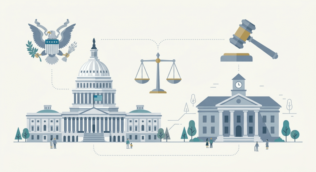 Infographic comparing federal THCA laws under the 2018 Farm Bill with varying state-level cannabis regulations