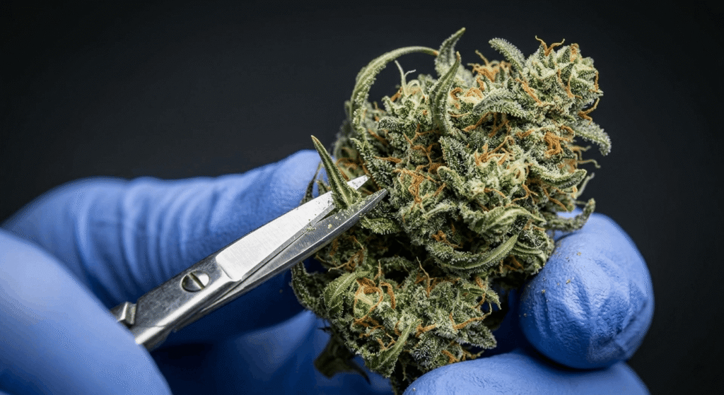 Hand-trimmed top shelf THCA flower bud showing dense trichomes and premium quality