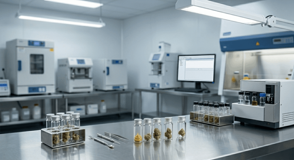 Cannabis laboratory technician reviewing a THCA Certificate of Analysis COA document beside sealed hemp samples on a professional lab bench — third-party lab testing for wholesale compliance
