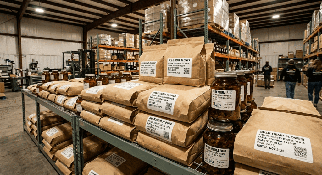 Bulk THCA flower wholesale packaging with batch-labeled jars and bags for B2B distributors