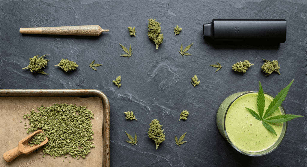 

Flat lay of four THCa flower consumption methods — joint, dry herb vaporizer, decarboxylation tray, and a cannabis smoothie — on a dark slate surface