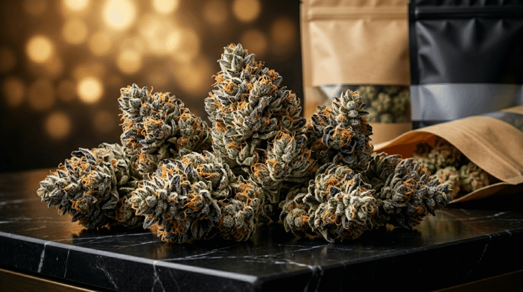 Multiple premium THCa hemp flower buds densely coated in white trichomes arranged on black marble with wholesale kraft pouch visible in background