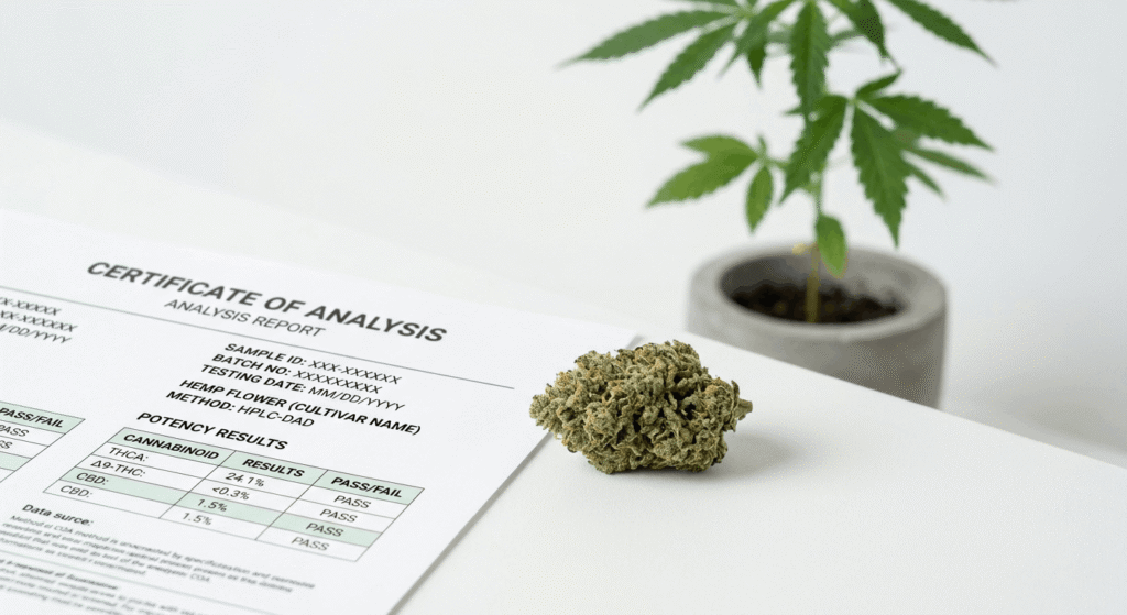 THCA flower Certificate of Analysis COA document for 2018 Farm Bill compliance and lab-verified hemp