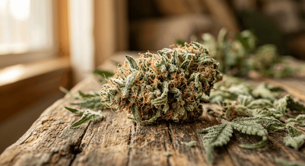 Close-up of a raw THCa hemp flower bud with visible trichomes and orange pistils on a rustic wooden surface in natural light