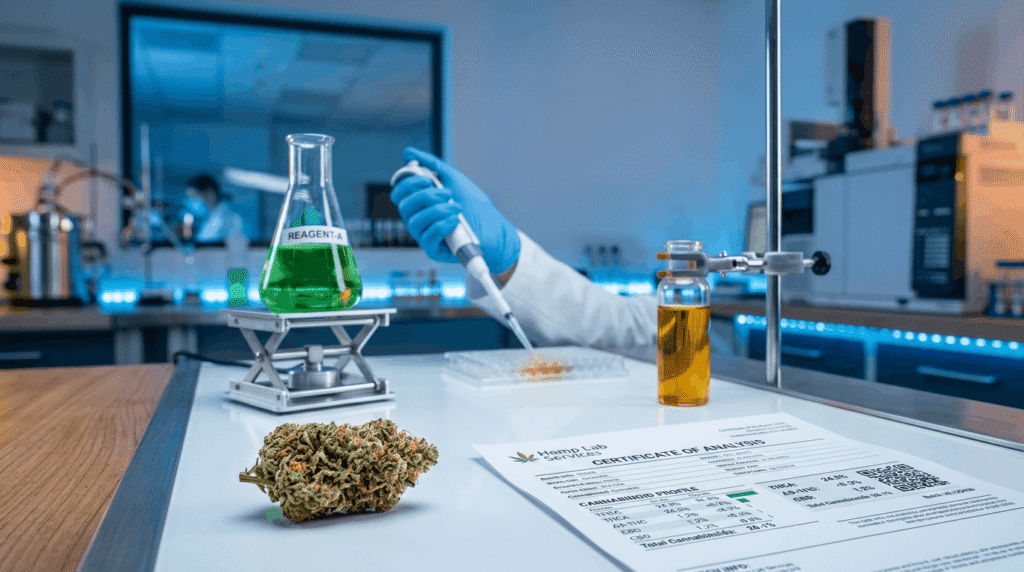 THCA hemp flower bud beside a Certificate of Analysis COA document and laboratory glassware with green and amber liquids in a professional cannabis testing lab setting
