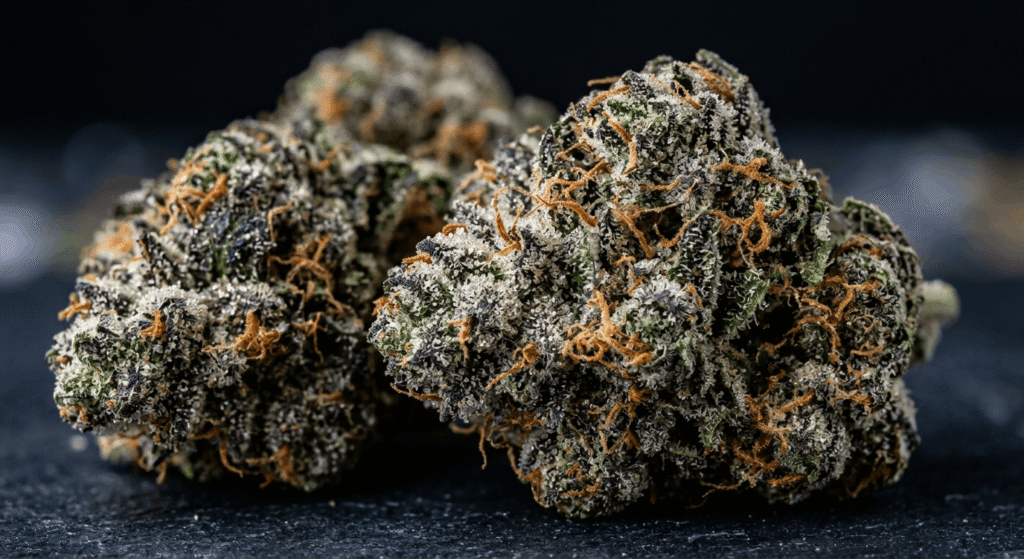 Close-up of premium bulk THCA hemp flower buds heavily coated with white trichomes and bright orange pistils on a dark surface