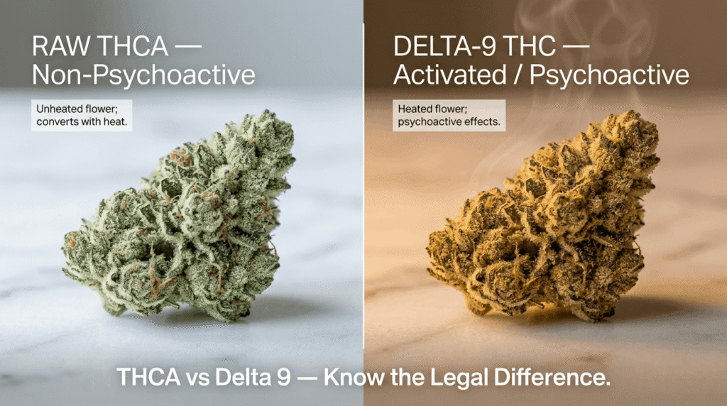 Side-by-side comparison of raw THCA cannabis flower and activated Delta-9 THC flower showing the difference between non-psychoactive and psychoactive states
