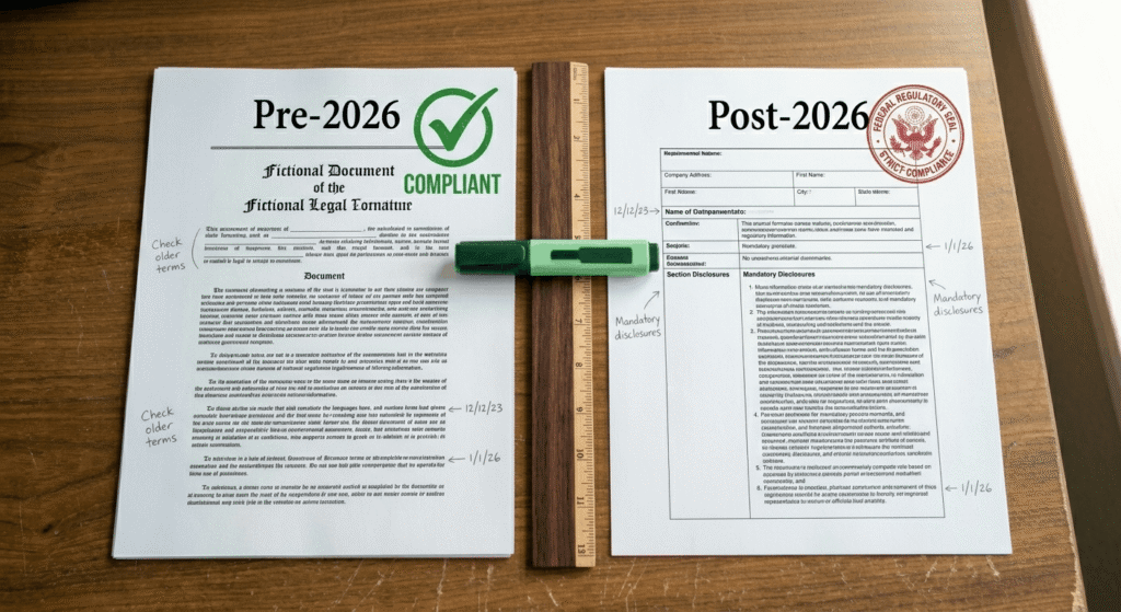 Two printed regulatory documents placed side by side on a wooden desk representing Pre-2026 and Post-2026 THCa hemp law comparison with a dividing ruler between them