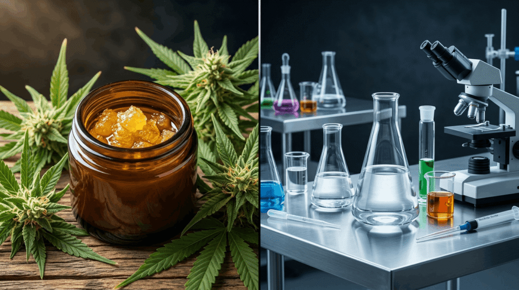 Cannabis Certificate of Analysis COA lab report showing terpene profile percentages beside a hemp flower bud and magnifying glass