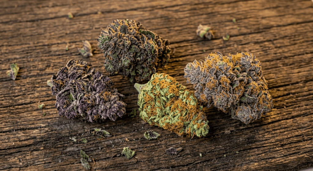Multiple exotic cannabis flower strains arranged on a wooden board showing vibrant purple, green, and orange colors