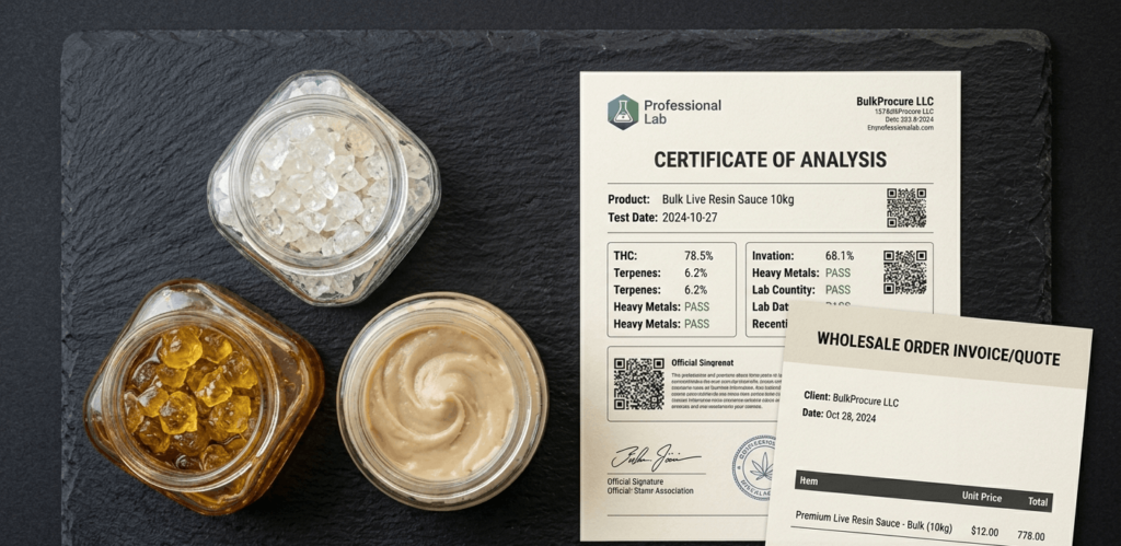 Premium THCA concentrate selection — diamonds, live resin, and rosin badder — displayed alongside lab COA documentation for wholesale dispensary buyers at thcawholesale.deals