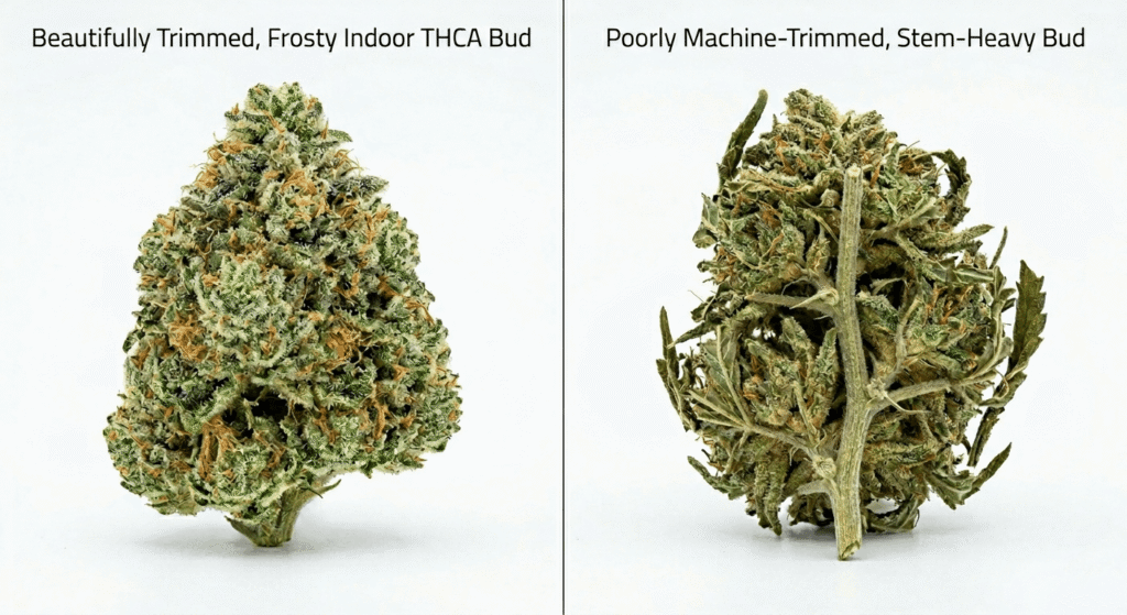 Comparison of hand-trimmed premium THCA wholesale flower versus low-quality machine-trimmed bud