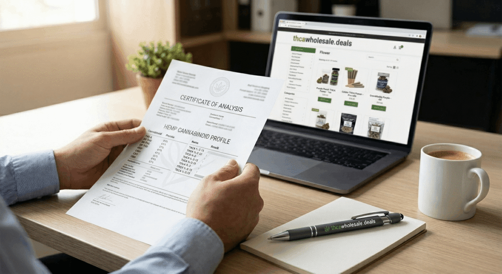 Person reviewing a hemp flower Certificate of Analysis document at a desk with thcawholesale.deals website open on a laptop in the background