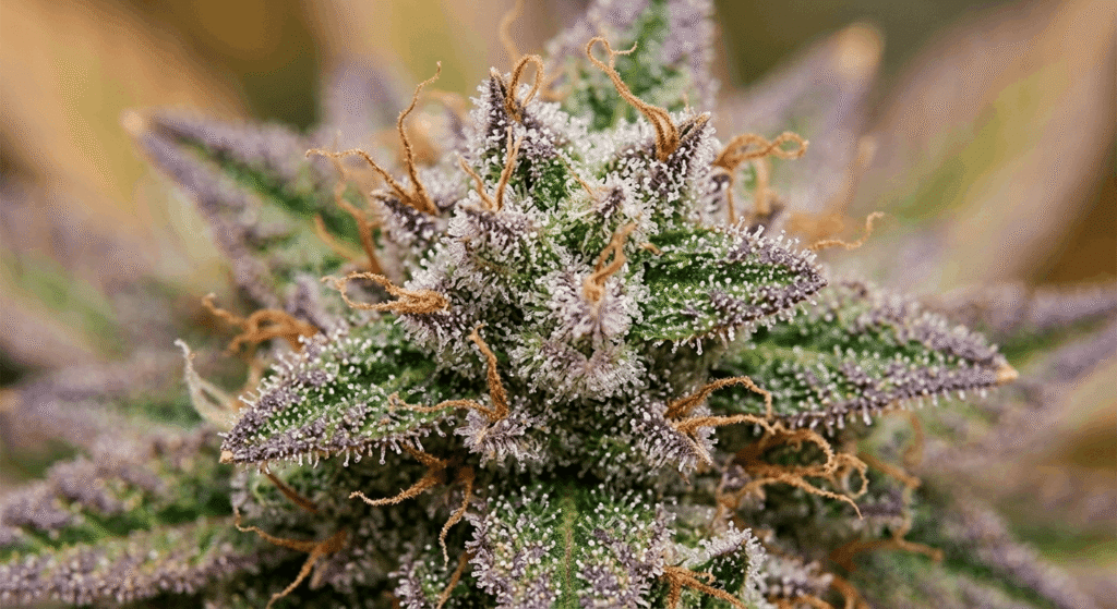 Extreme macro view of a cannabis bud showing sparkling trichomes, orange pistils, and vivid green-violet coloring