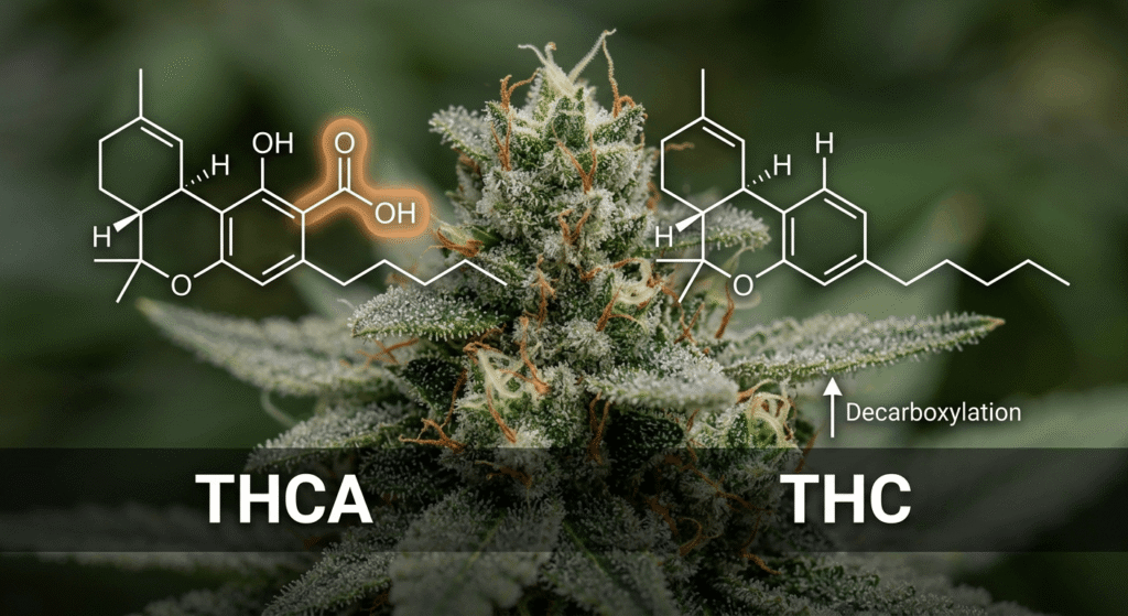 
Close-up cannabis bud with trichomes and orange pistils overlaid with THCA and THC white molecular structure diagrams side by side, showing the extra carboxylic acid group that makes THCA non-psychoactive — Co.Exotics wholesale guide