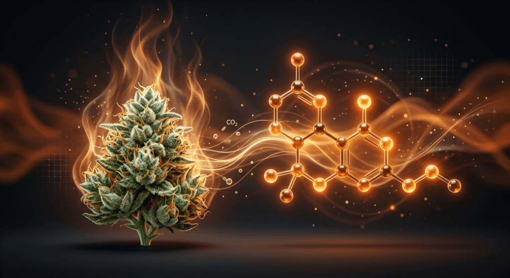 Visual diagram of THCA decarboxylation process – hemp flower converting THCA to THC when heated
