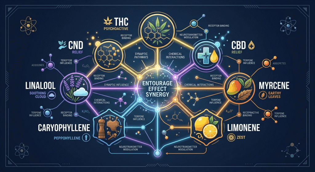 Diagram showing the entourage effect with cannabis terpenes and cannabinoids THC and CBD connected in a synergy network