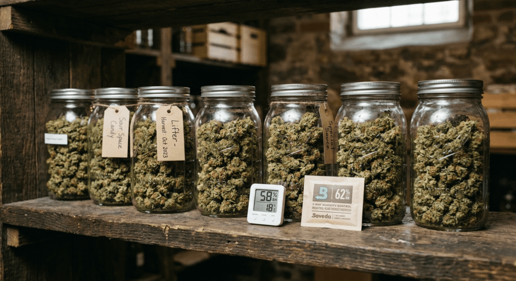 Multiple glass jars of different hemp flower strains with handwritten labels on a dark slate surface
