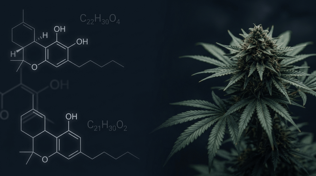 THCA vs Delta 9 THC legal differences illustrated with molecular structure diagrams and cannabis plant on dark background