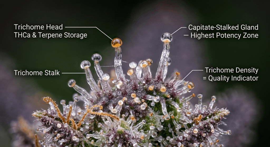Macro informational image of hemp trichome anatomy with labeled parts including trichome head, stalk, and cannabinoid storage glands
